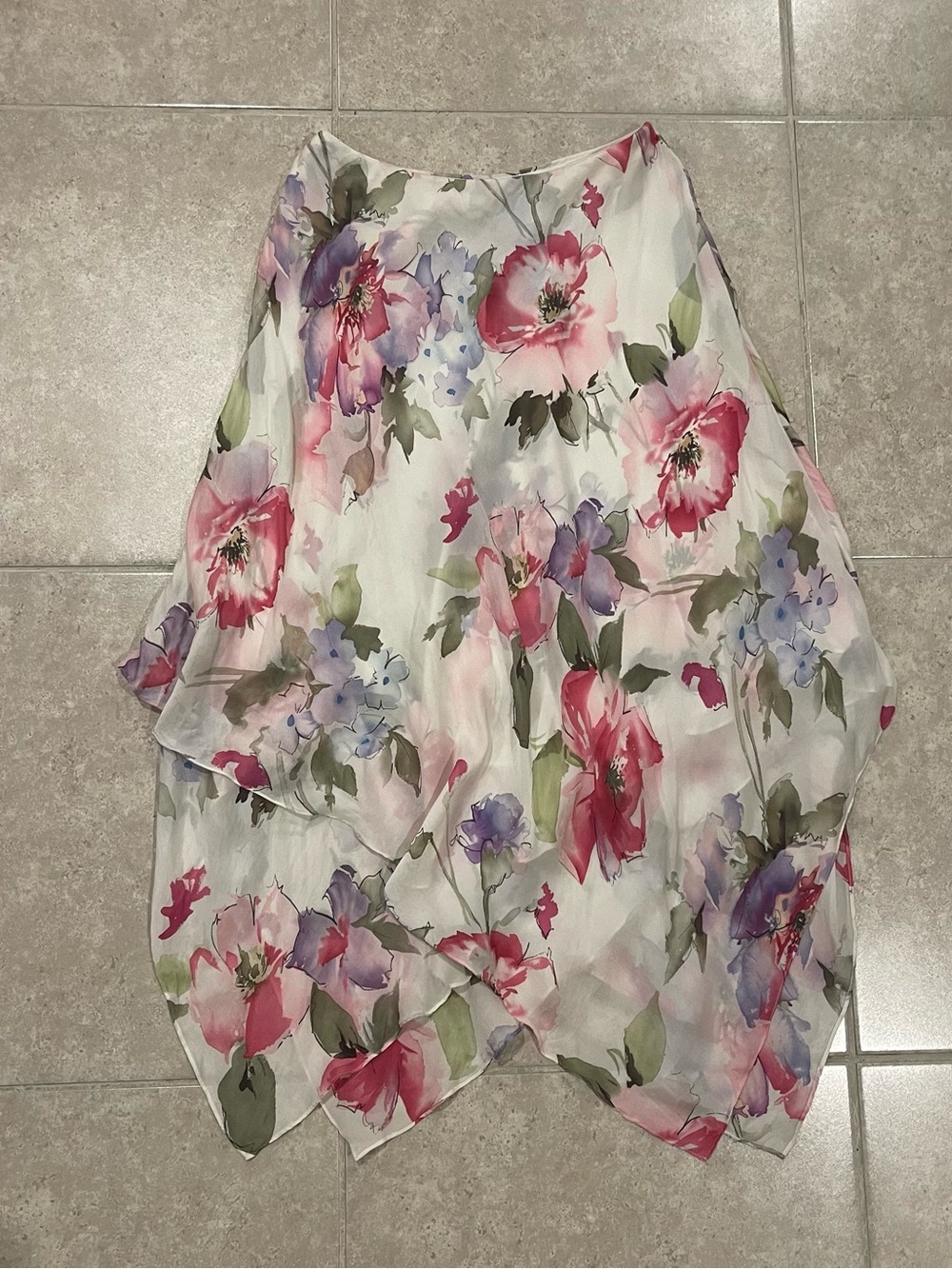 Ralph Lauren White Floral Asymmetrical Midi Skirt with Pink & Purple Blooms